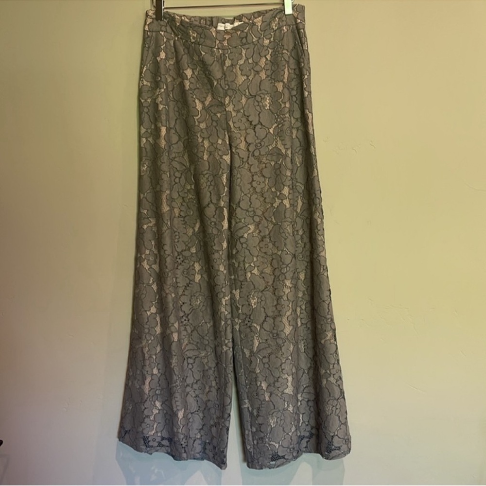 Anthropologie “feather bone “ Silver blue gray lace wide leg pants s M